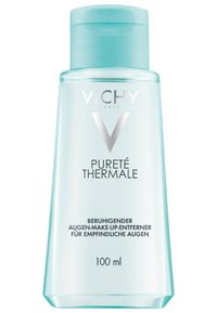 Vichy Pureté Thermale eye makeup remover in a clear, light blue plastic bottle with a flip-top lid, labeled with product details and volume.