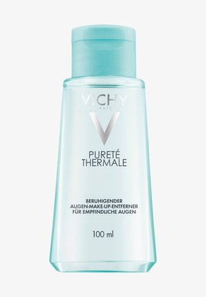 Vichy Pureté Thermale eye makeup remover in a clear, light blue plastic bottle with a flip-top lid, labeled with product details and volume.