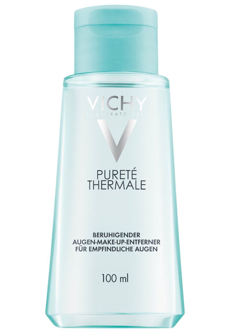 Vichy Pureté Thermale eye makeup remover in a clear, light blue plastic bottle with a flip-top lid, labeled with product details and volume.