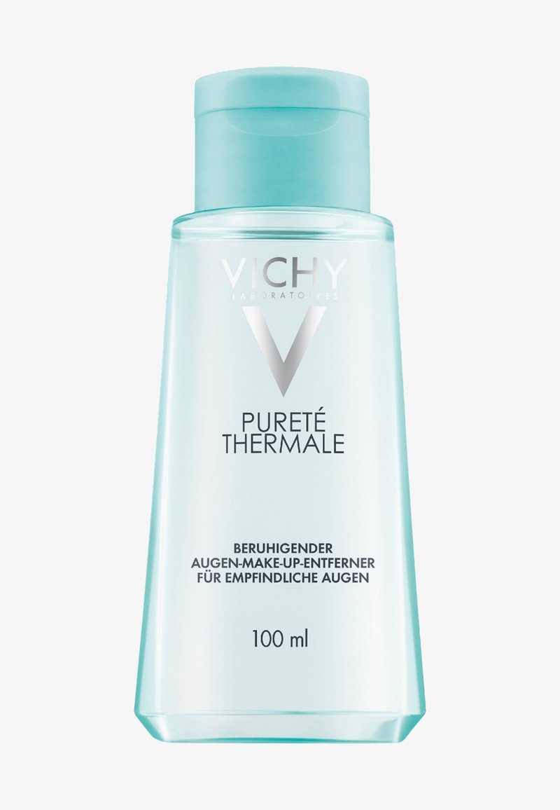 Vichy Pureté Thermale eye makeup remover in a clear, light blue plastic bottle with a flip-top lid, labeled with product details and volume.