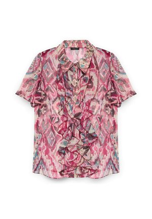 Kortærmet, lyserød bluse med mønster og flæser ned ad forsiden, lavet af letvægtsstof med en blanding af blå og lilla designs.