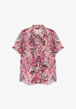 Blusa a maniche corte rosa con motivo a ruffles sul davanti, realizzata in tessuto leggero e caratterizzata da una miscela di design blu e viola.