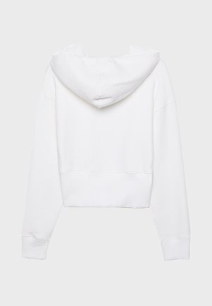Gekürzter weißer Hoodie aus weichem Stoff, mit einer vorderen Kängurutasche, gerippten Bündchen und einer verstellbaren Kapuze mit Zugband.