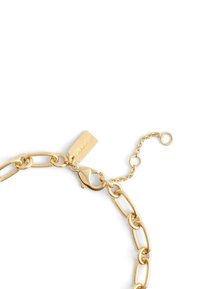 Gul kedjabricka med stora länkar och en karbinlås, med en liten tagg som visar varumärket fäst vid kedjan.