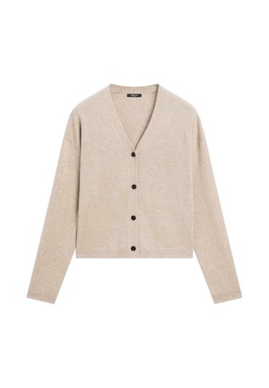 Cardigan en tricot beige avec un décolleté en V profond, longueur courte, manches longues et six boutonnières noires. Texture douce, design simple.