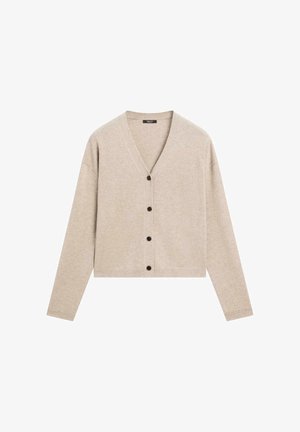 Beige knitted cardigan with a deep V-neck, cropped length, long sleeves, and six black button closures. Soft texture, simple design.