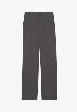 Grey trousers with a straight leg design, featuring two side pockets and a button closure. Smooth fabric with no visible patterns or accents.