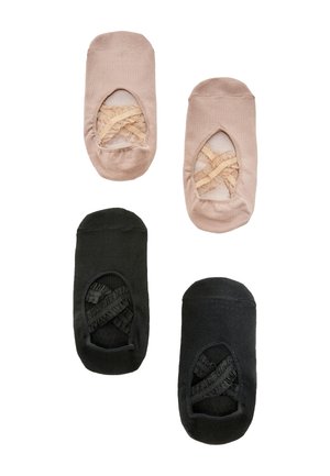 Zwei Paar unsichtbare Ballettsöckchen mit überkreuzten elastischen Bändern, ein Paar beige und ein Paar schwarz, auf weißem Hintergrund angeordnet.