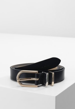 Black leather belt with a gold-tone rounded buckle, coiled and resting on a white surface against a light gray background.