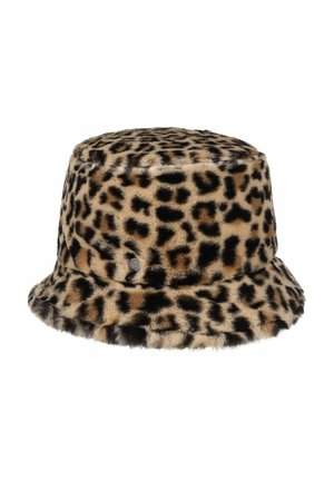 Faux fur bucket hat with leopard print pattern in shades of brown, black, and beige, featuring a small round metal logo on the side.