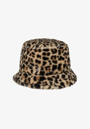 Faux fur bucket hat with leopard print pattern in shades of brown, black, and beige, featuring a small round metal logo on the side.