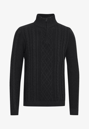 Fekete kötött pulóver magas gallérral, cipzárral, texturált kábelmintával és bordás mandzsettákkal és aljjal. Klasszikus dizájn sötét színben.