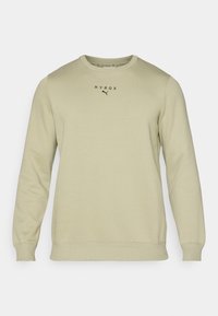 Lysegrøn sweatshirt med lange ærmer, rund hals og ribbede manchetter. Har "HYROX" og et Puma-logo i sort på brystet. Glat tekstur.