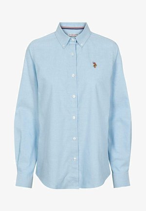 Jasnoniebieska koszula z długim rękawem, zapinana na guziki, wykonana z bawełny, z kołnierzykiem i haftowanym logotypem na piersi; gładka tekstura, klasyczny krój.