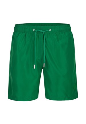 Groene heren zwemshorts met een elastische tailleband en verstelbare koord met metalen uiteinden.
