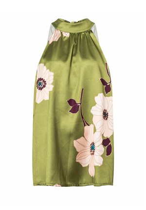 Robe sans manches vert olive à col montant, ornée d'un grand motif floral blanc et violet, avec un tissu froncé au niveau du col.