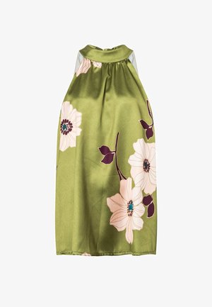 Ärmelloses olivgrünes Kleid mit hohem Ausschnitt, versehen mit großem weißem und lila Blumenmuster sowie gerafftem Stoff am Kragen.