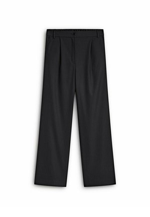 Black pinstriped wide-leg trousers with button and zip closure, belt loops, and front pleats, displayed flat on white background.