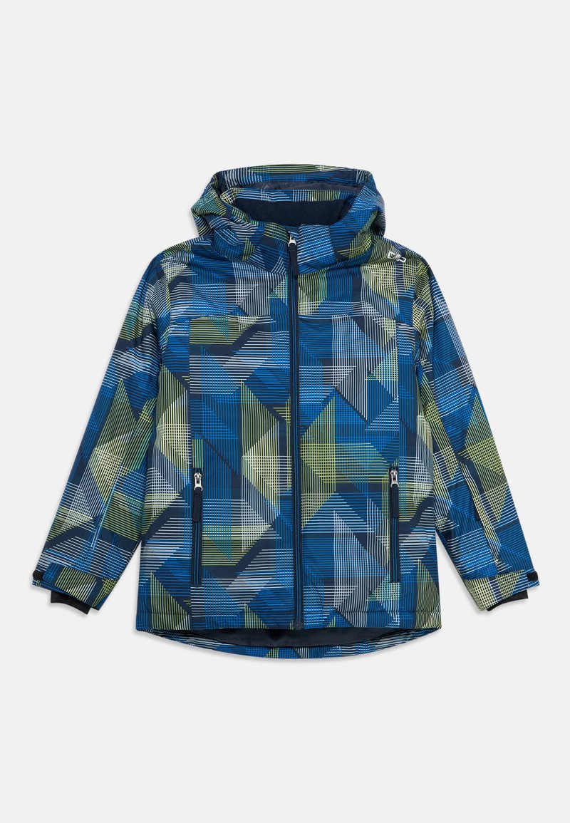 Bunte Regenjacke mit geometrischem Muster in Blau und Grün. Hergestellt aus einem glatten, wasserdichten Material mit Reißverschluss und Kapuze.
