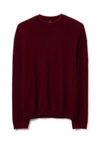 Pull bourgogne, col rond, manches longues, poignets et ourlet côtelés, fabriqué en maille douce avec un col intérieur contrastant rouge.