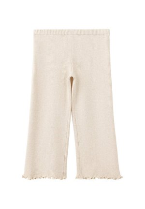 Roomkleurige ribgebreide cropped broek met licht uitlopende pijp en een ranonkelzoom.