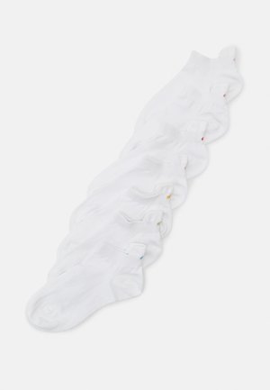 Set of white socks displaying varying colors in the small heel tab. Made from a soft, stretchy fabric, featuring a low-cut design.