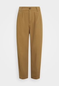 Pantalon de couleur brun clair, en tissu lisse. Il comprend des plis avant, une fermeture à bouton, et des jambes fuselées.