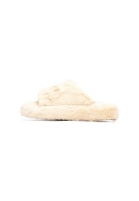 Zapatillas de casa de pelaje en color crema con una textura suave, suela plana y diseño de punta abierta. Presentan una forma redondeada y material de felpa.