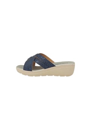 Sandalo blu con cinturini incrociati e suola beige a zeppa, progettato per un uso casual