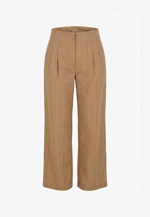 Pantalon marron taille haute à jambes larges avec fines rayures verticales et plis à l'avant, doté d'une fermeture frontale dissimulée.