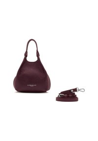 Sac à main en cuir grainé bordeaux avec une forme arrondie, double poignée supérieure et bandeau amovible. Présente un logo discret sur le devant.
