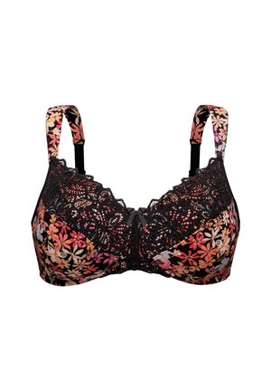 Soutien-gorge en dentelle florale noire avec imprimé floral multicolore, bretelles réglables et nœud décoratif central. Texture douce, design couvrant complet.