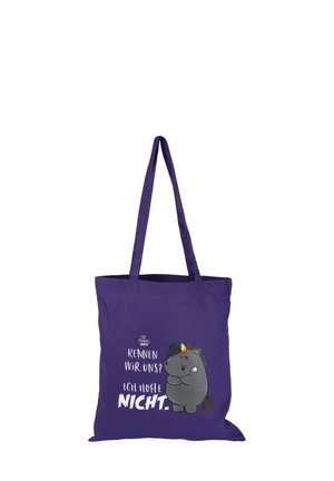 Purple tote bag with a cartoon black unicorn and German text that says, "Rennen wir uns? Ich hoffe nicht."
