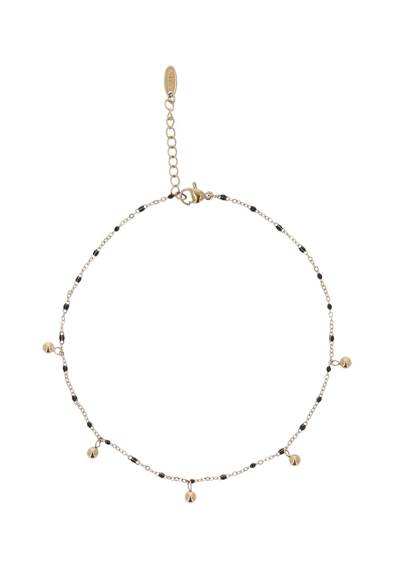 Kultaketju nilkkaketju mustilla helmillä, jossa on kolme pientä kultakelloa. Kiinnitetty muotoilu, jossa on säädettävä lukko ja pidennysketju.