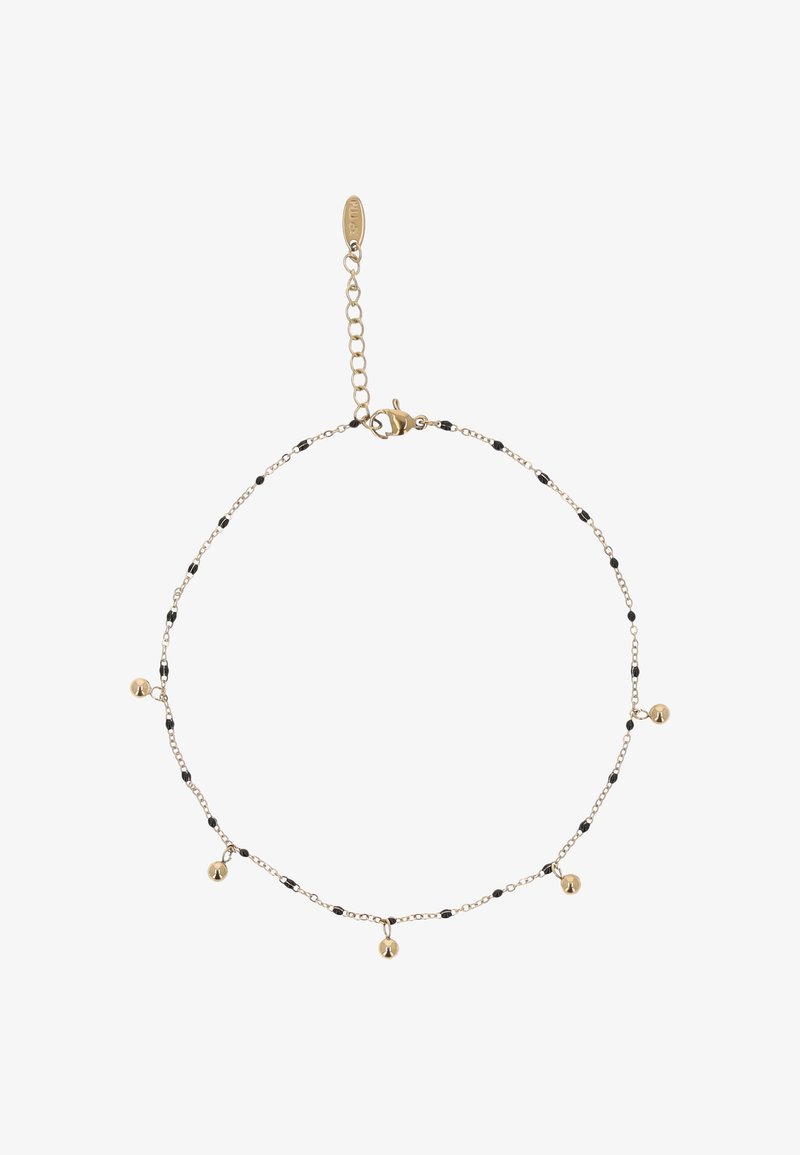 Tobillera de cadena de oro con cuentas negras, que presenta tres pequeñas campanas de oro. Diseño entrelazado con cierre ajustable y cadena de extensión.