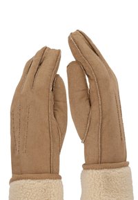 Bruine suède handschoenen met een beige schapenvacht manchet, voorzien van gestikte details en een aansluitend ontwerp voor warmte en grip.