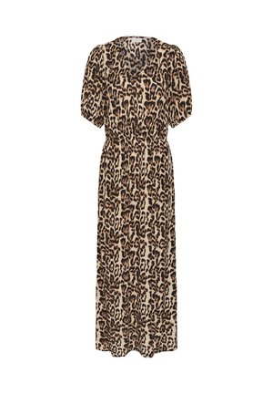 Robe midi à imprimé léopard avec manches courtes bouffantes, encolure en V et taille élastique, présentant des taches marron et noires sur un tissu beige.