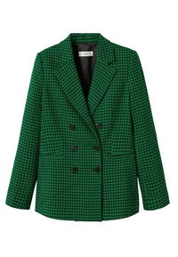 Groen houndstooth-patroon blazer met een dubbelbreasted ontwerp, notch-lapels en twee voorzakken. De stof heeft een geweven textuur.