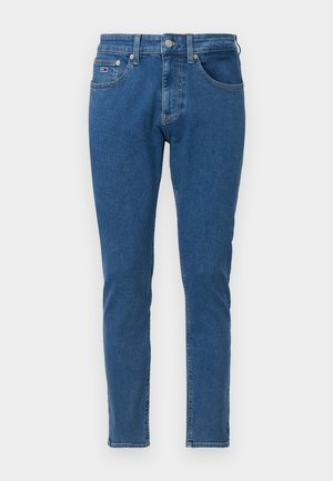 Jeans de denim azul con un ajuste slim, que cuentan con un diseño clásico de cinco bolsillos, cierre de botón y detalles de costura sutileza.