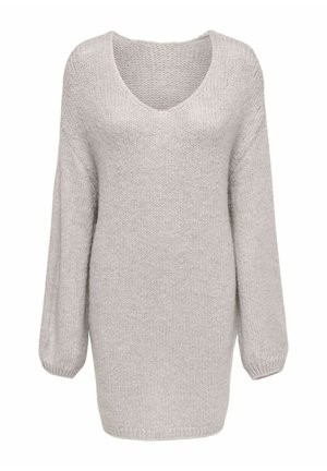Lichtgrijze trui met een losse pasvorm, brede mouwen, V-hals en een gebreide, gestructureerde stof die een zachte en gezellige uitstraling geeft.