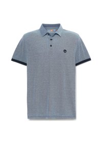 Lyhythiha polo-paita vaaleansinisestä teksturoidusta kankaasta, tummansininen kaulus ja hihojen resorit, kolme mustaa nappia ja logo rinnassa.