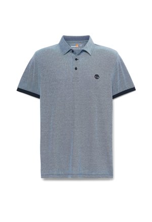 Short-sleeve polo shirt in light blue with a textured fabric, dark blue collar and sleeve cuffs, three black buttons, and a logo on the chest.
