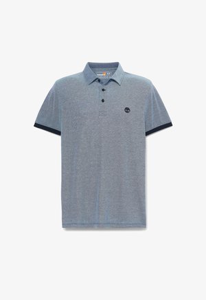 Korte mouwen polo shirt in lichtblauw met een gestructureerde stof, donkerblauwe kraag en mouwmanchetten, drie zwarte knopen en een logo op de borst.