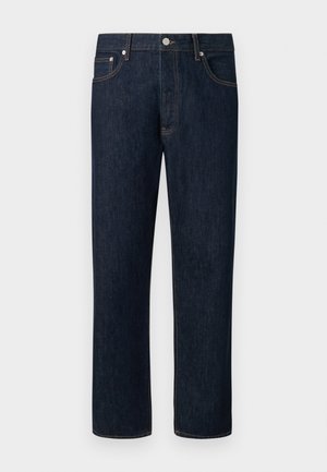 Dark blue straight-leg jeans with orange stitching, front button, and five-pocket design on a plain light background.