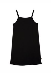 Robe noire sans manches avec fines bretelles, longueur genou, en tissu lisse, présentée à plat sur fond blanc.