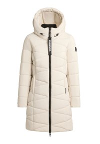Dugi parka s podstavom u off-white boji, koja ima kapu s visokim vratom, crni zatvarač i dijagonalni uzorak prešanja. Uključuje oznaku s logotipom i bočne džepove.