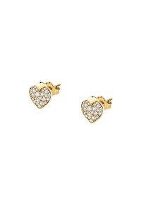 Orecchini a forma di cuore in oro, con una superficie scintillante, caratterizzati da piccoli strass trasparenti incastonati in un design metallico lucido.