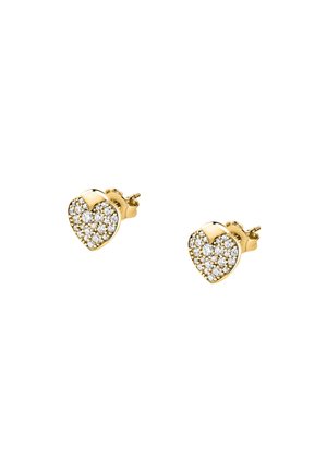Orecchini a forma di cuore in oro, con una superficie scintillante, caratterizzati da piccoli strass trasparenti incastonati in un design metallico lucido.