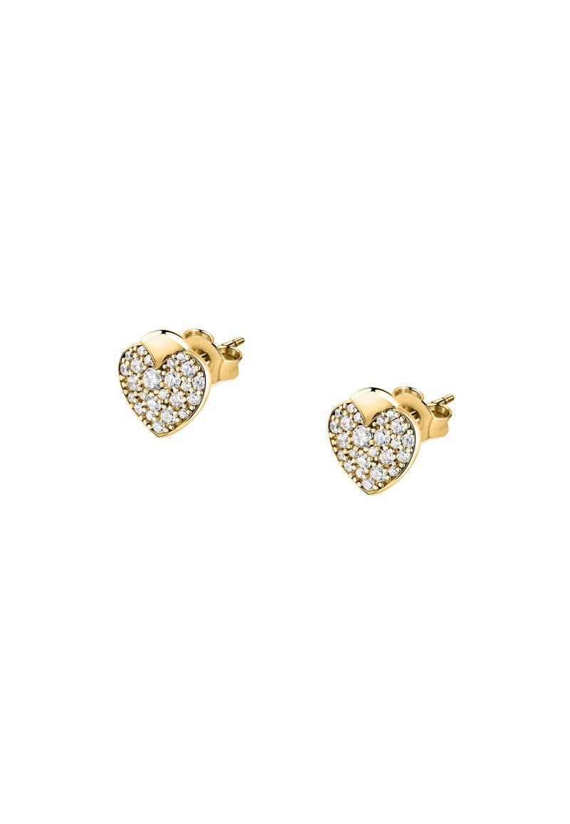 Orecchini a forma di cuore in oro, con una superficie scintillante, caratterizzati da piccoli strass trasparenti incastonati in un design metallico lucido.