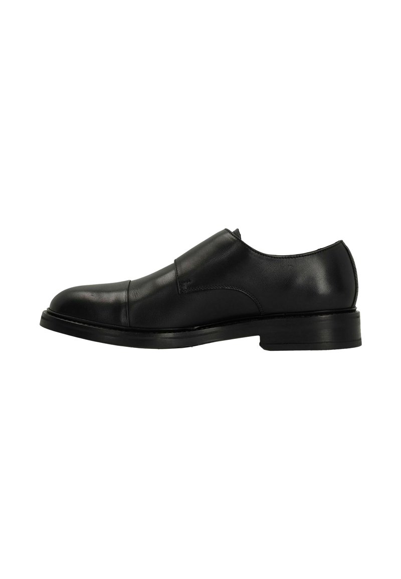 Schwarzer Leder-Slipper mit runder Zehenform, glatter Textur, minimalistischem Design und niedrigem, gestapeltem Absatz. Keine sichtbaren Beschläge oder Verzierungen.